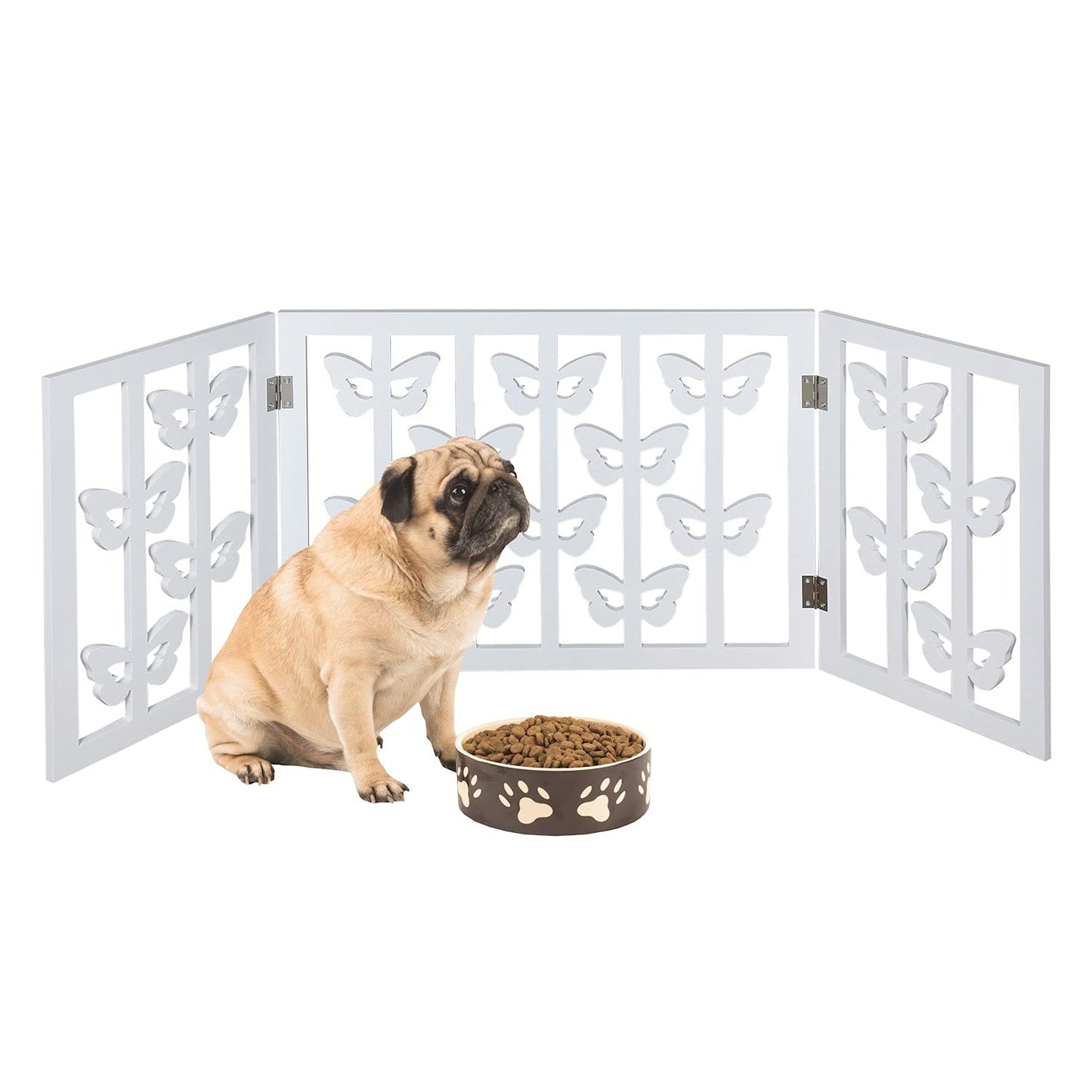 Wood Heart Indoor/Outdoor Solid Wood Butterfly Design Freestanding Foldable Adjustable 3-Section Pet Gate, White