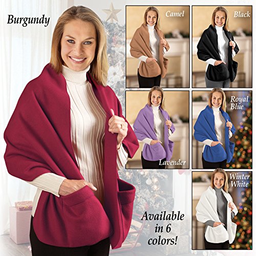Collections Etc Cozy Fleece Wrap Shawl with Large Front Pockets - Keeps Hands and Shoulders Warm During Cold Winter Season