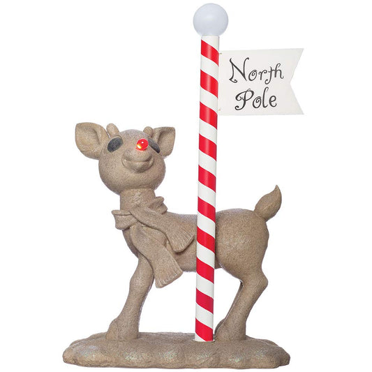 Roman Lights Rudolph The Red-Nosed Reindeer with North Pole Sign Statue, LED/Solar Powered, 24" Tall, Decoration, Outdoor Use, Polyresin Construction