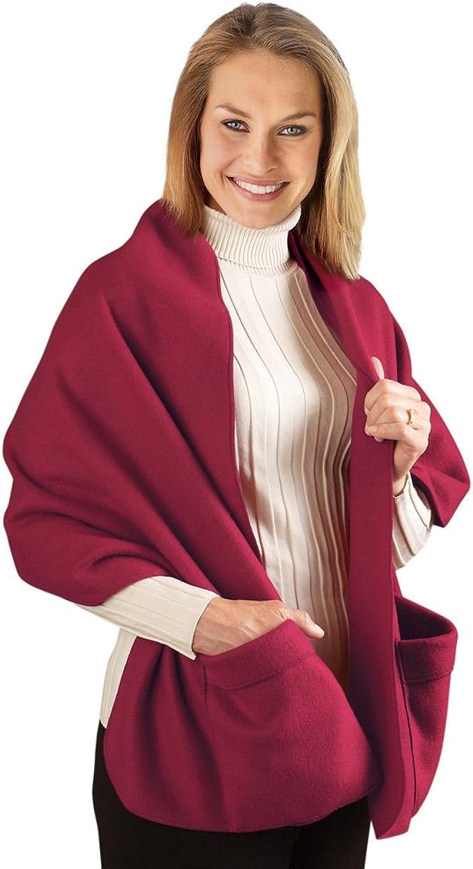 ILLIYIN Warm and Cozy Fleece Shoulder Wrap Shawl with Large Front Pockets - Set of 3 (1-Blue, 1-Burgundy and 1-Black)