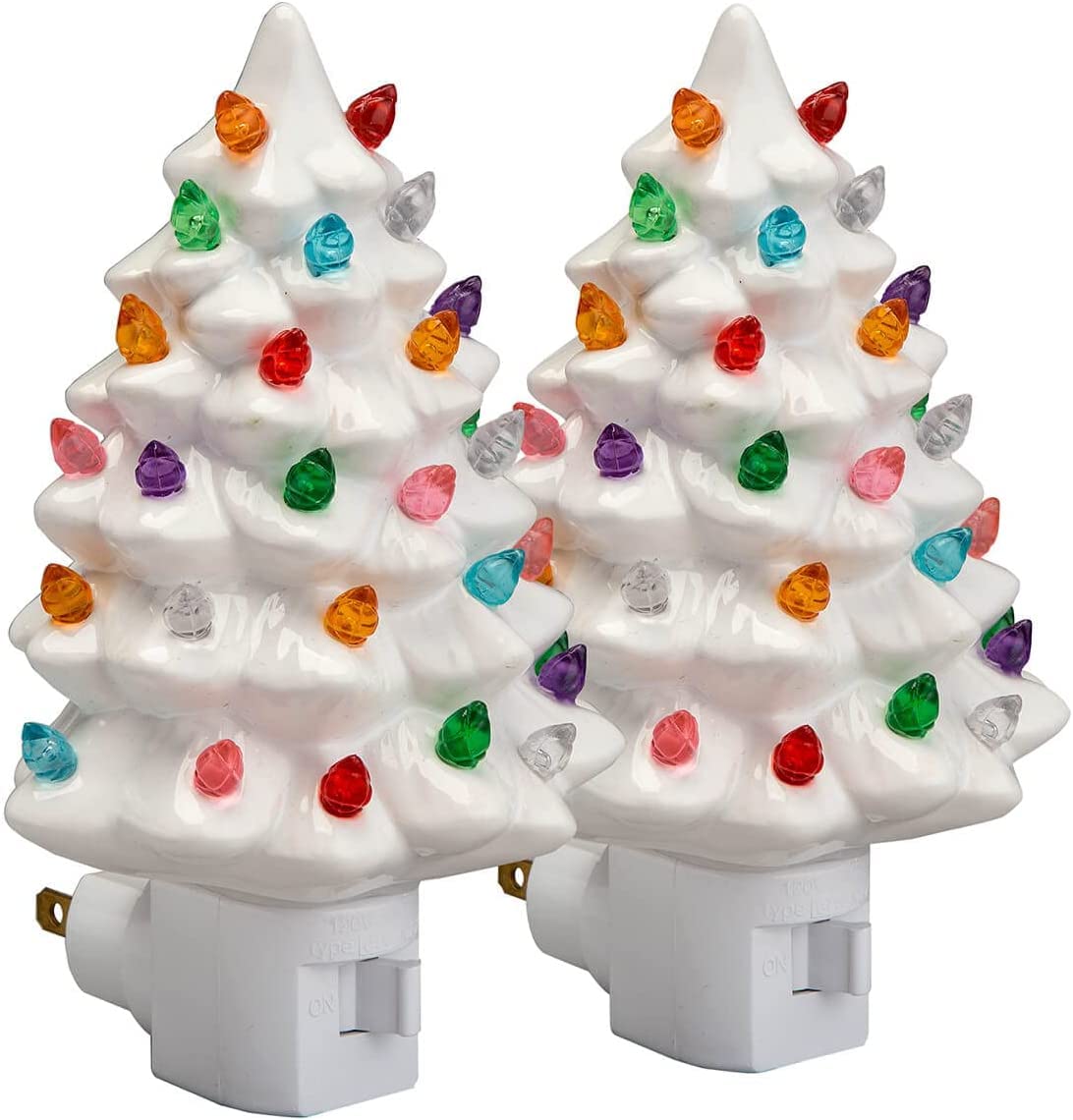 Holiday Decor Ceramic Christmas Tree Night Light - Set of 2 - White