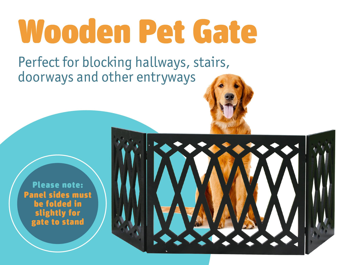 Etna 3-Panel Diamond Design Wood Pet Gate - Decorative Black Tri Fold Dog Fence for Doorways, Stairs - Indoor/Outdoor Pet Barrier - 24-48 Inches Wide x 19 Inches Tall