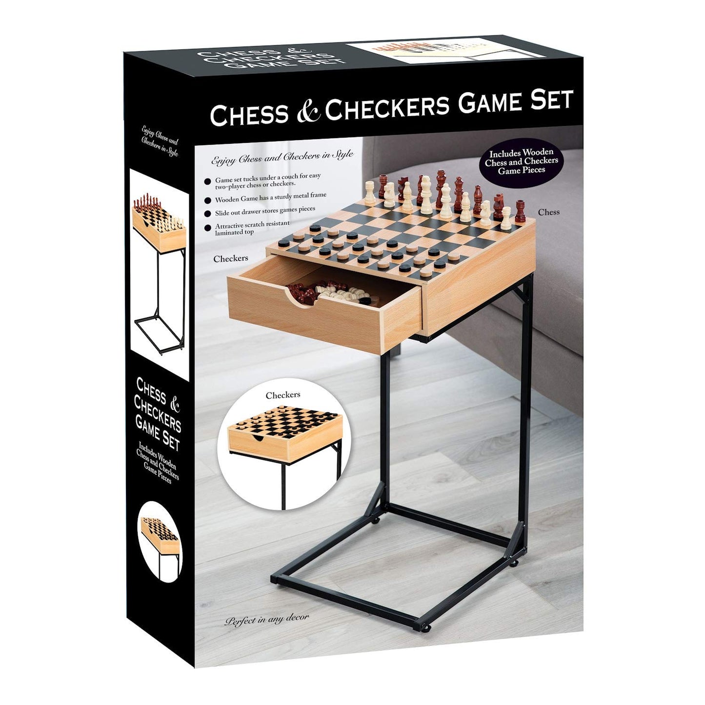 Metal and Wood Chess and Checkers Game Table