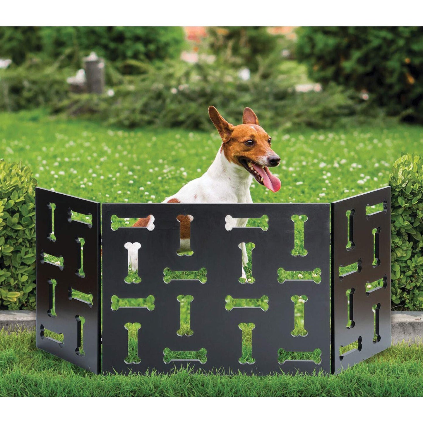 Etna 3-Panel Wood Pet Gate - Freestanding Tri Fold Bone Cutout Dog Fence for Doorways, Stairs - Indoor/Outdoor Pet Barrier - 47 1/4" W x 19" Tall