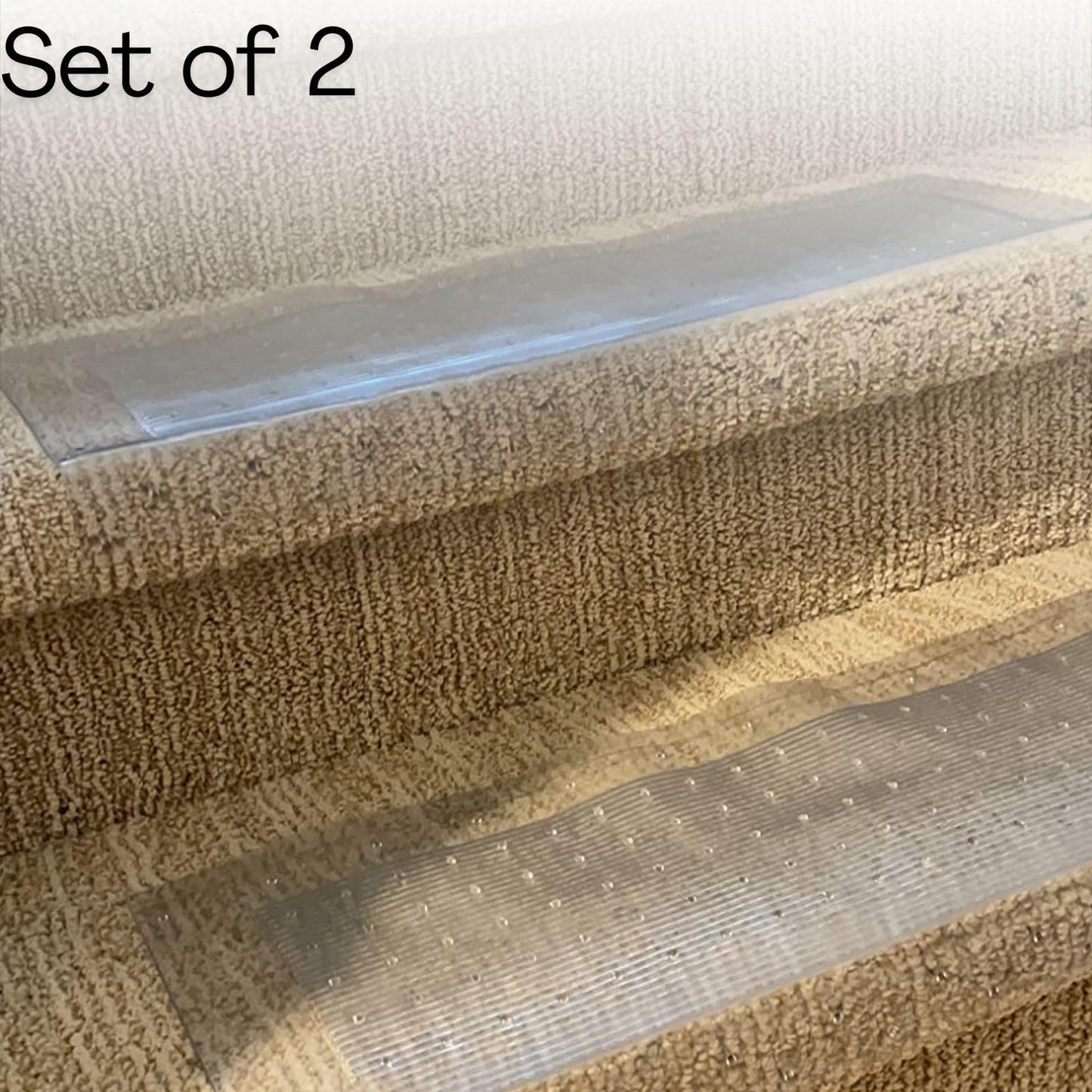 Clear Stair Treads Carpet Protectors Set of 2-24 x 8 Inches, Slip Resistant with Gripper Teeth, Transparent Vinyl Treads for Carpeted Stairs Protection