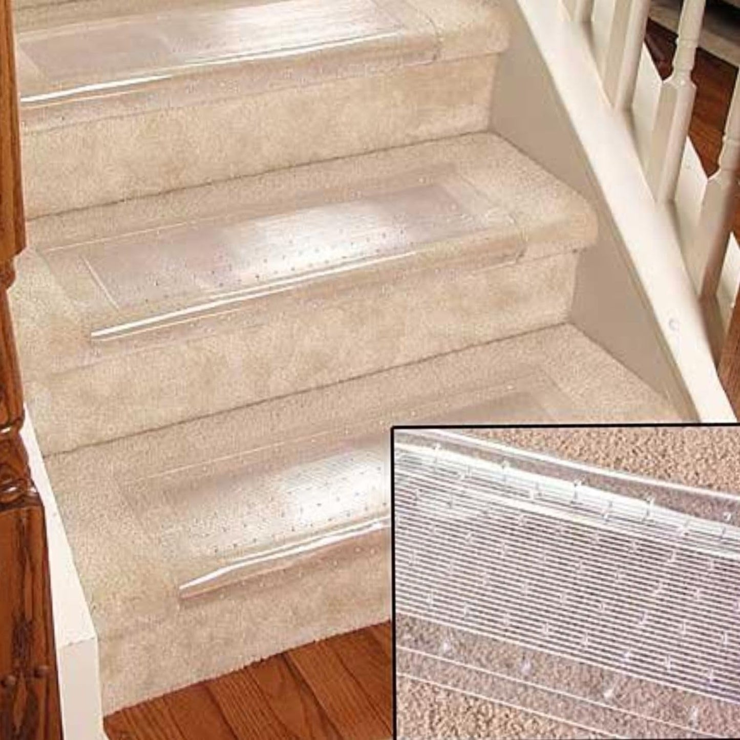 Clear Stair Treads Carpet Protectors Set of 2-24 x 8 Inches, Slip Resistant with Gripper Teeth, Transparent Vinyl Treads for Carpeted Stairs Protection