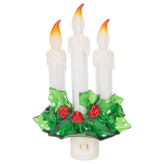 Three Dipped Candles With Holly 7.75 Inch Acrylic Decorative Swivel Plug Flickering Night Light