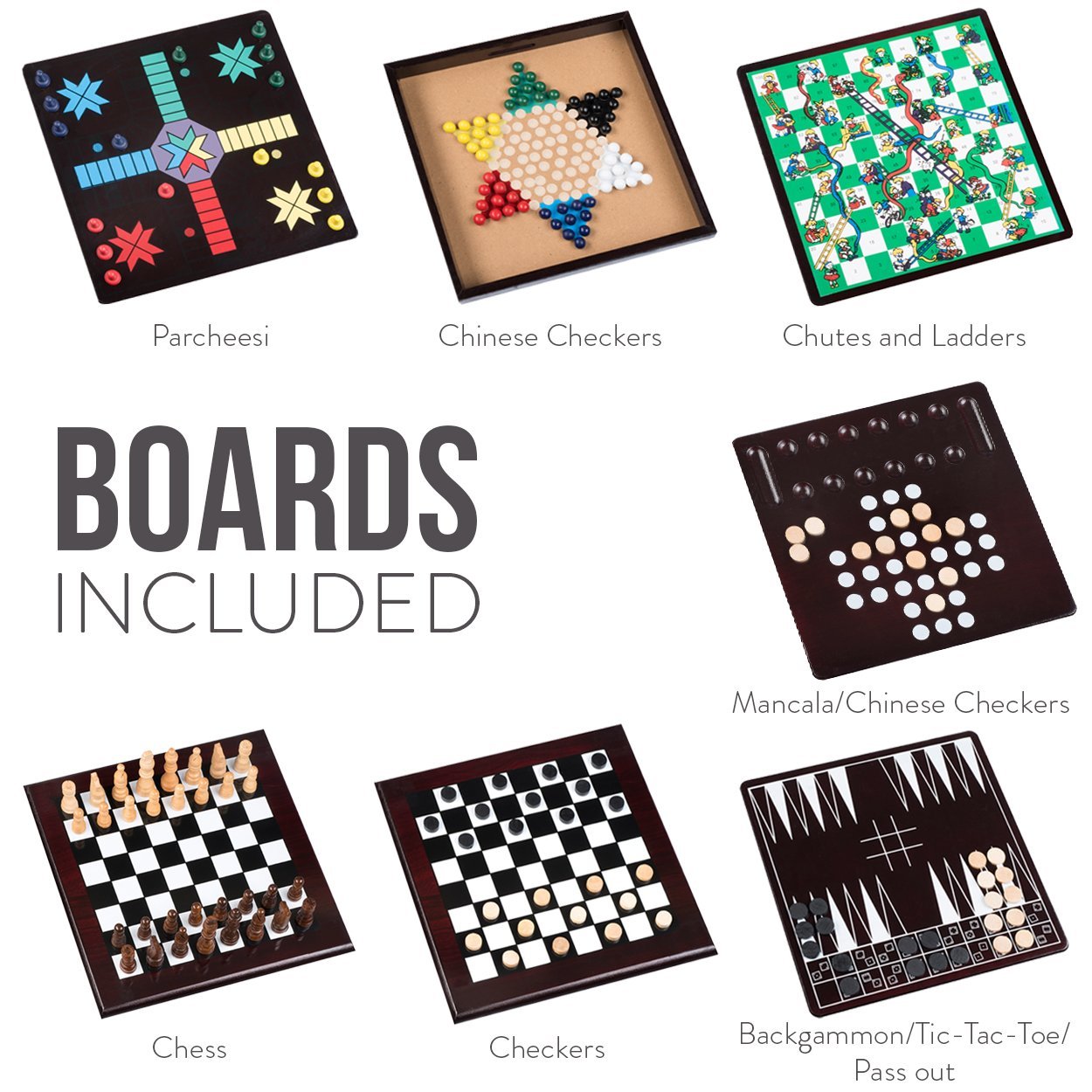 Board Game Set - Deluxe 15 in 1 Tabletop Wood-accented Game Center with Storage Drawer (Checkers, Chess, Chinese Checkers, Parcheesi, TicTacToe, SOlitaire, Snakes and Ladders, Mancala, Backgammon, Poker Dice, Playing Cards, Go Fish, Old Maid, and Dominos)
