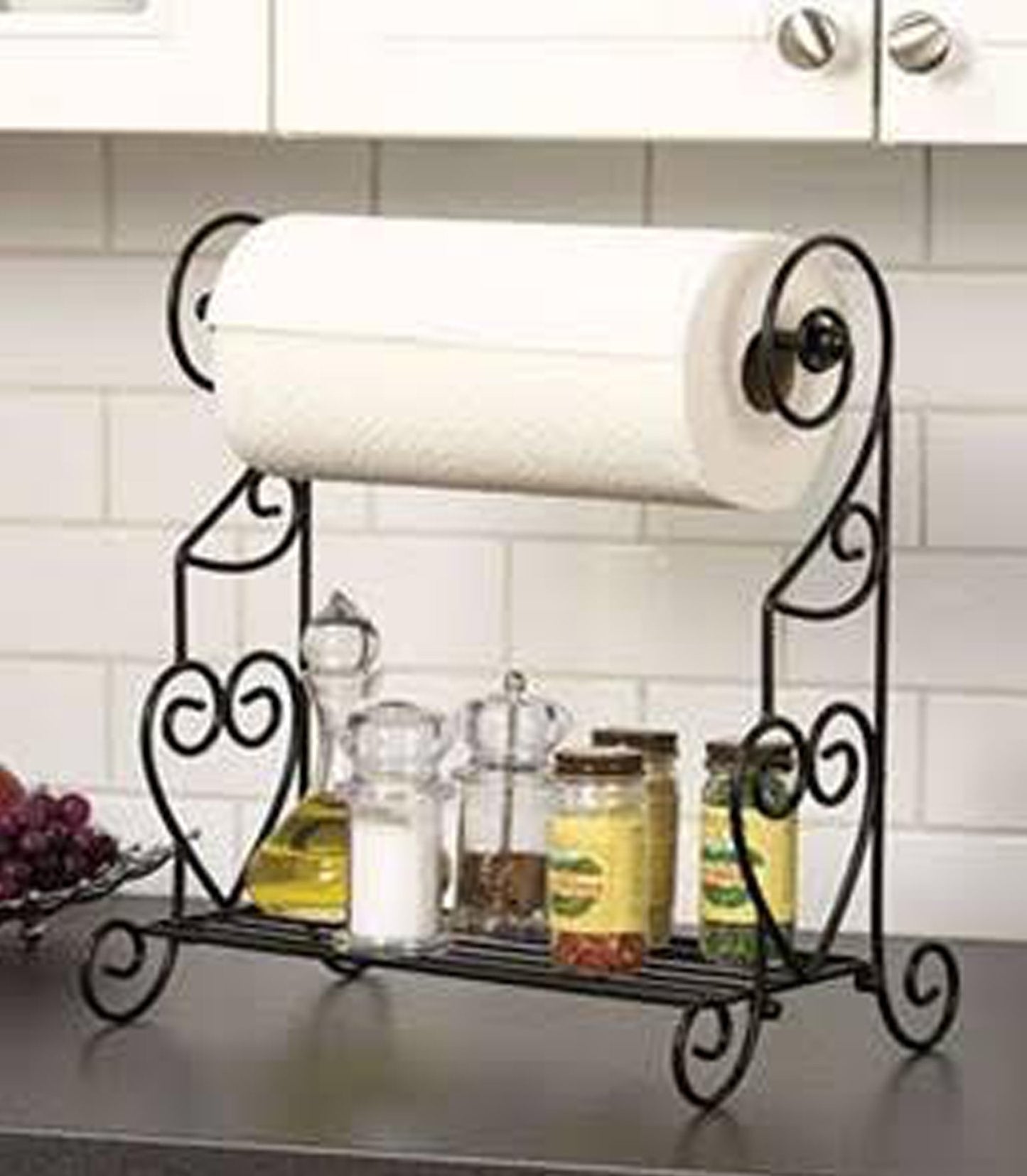 COUNTER TOP SCROLL METAL DESIGN PAPER TOWEL HOLDER WITH SHELF - BLACK