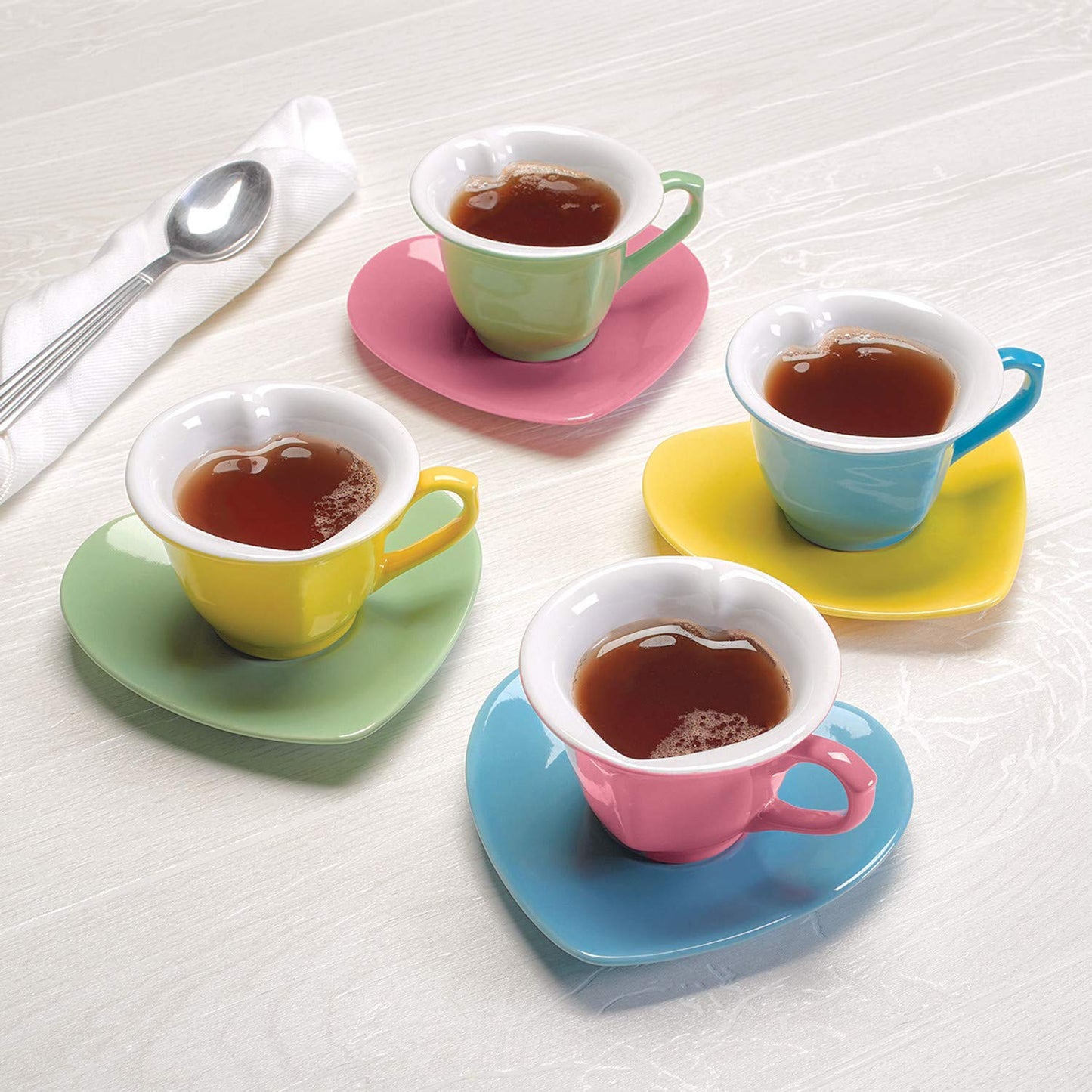 (Set of 4) Heart Shaped Cups And Saucers: Multi-Colored 5 oz. Ceramic