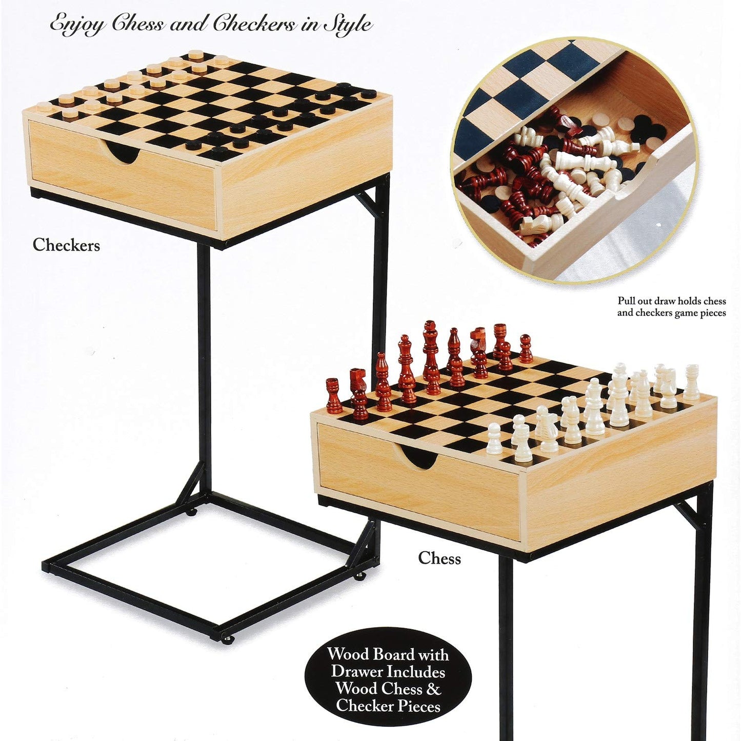 Metal and Wood Chess and Checkers Game Table