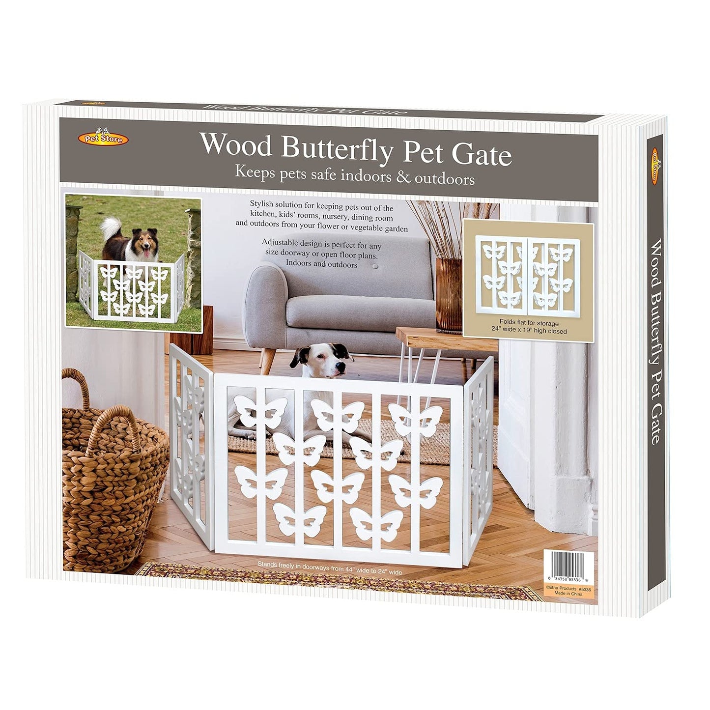 Wood Heart Indoor/Outdoor Solid Wood Butterfly Design Freestanding Foldable Adjustable 3-Section Pet Gate, White