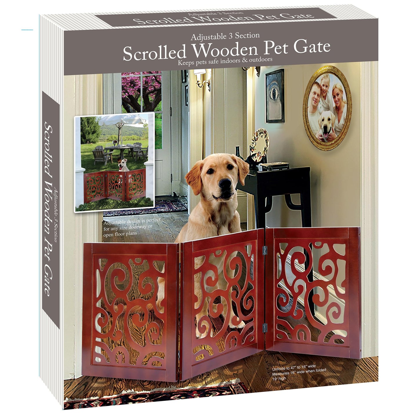 3-Section Adjustable and Scrolled Wooden Pet Gate by Etna