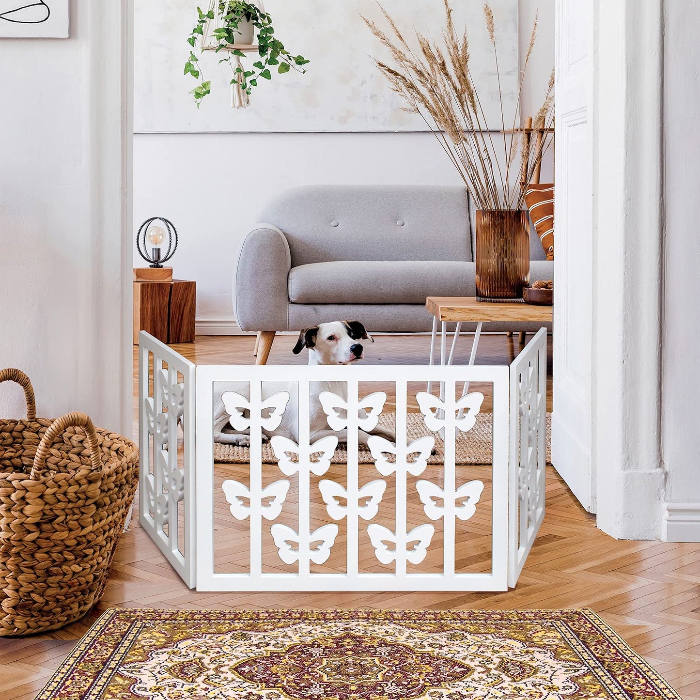 Wood Heart Indoor/Outdoor Solid Wood Butterfly Design Freestanding Foldable Adjustable 3-Section Pet Gate, White