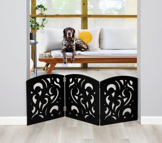 47" Indoor/Outdoor Free Standing Adjustable Solid Wood 3 Panel Scroll Design Pet Gate - Black