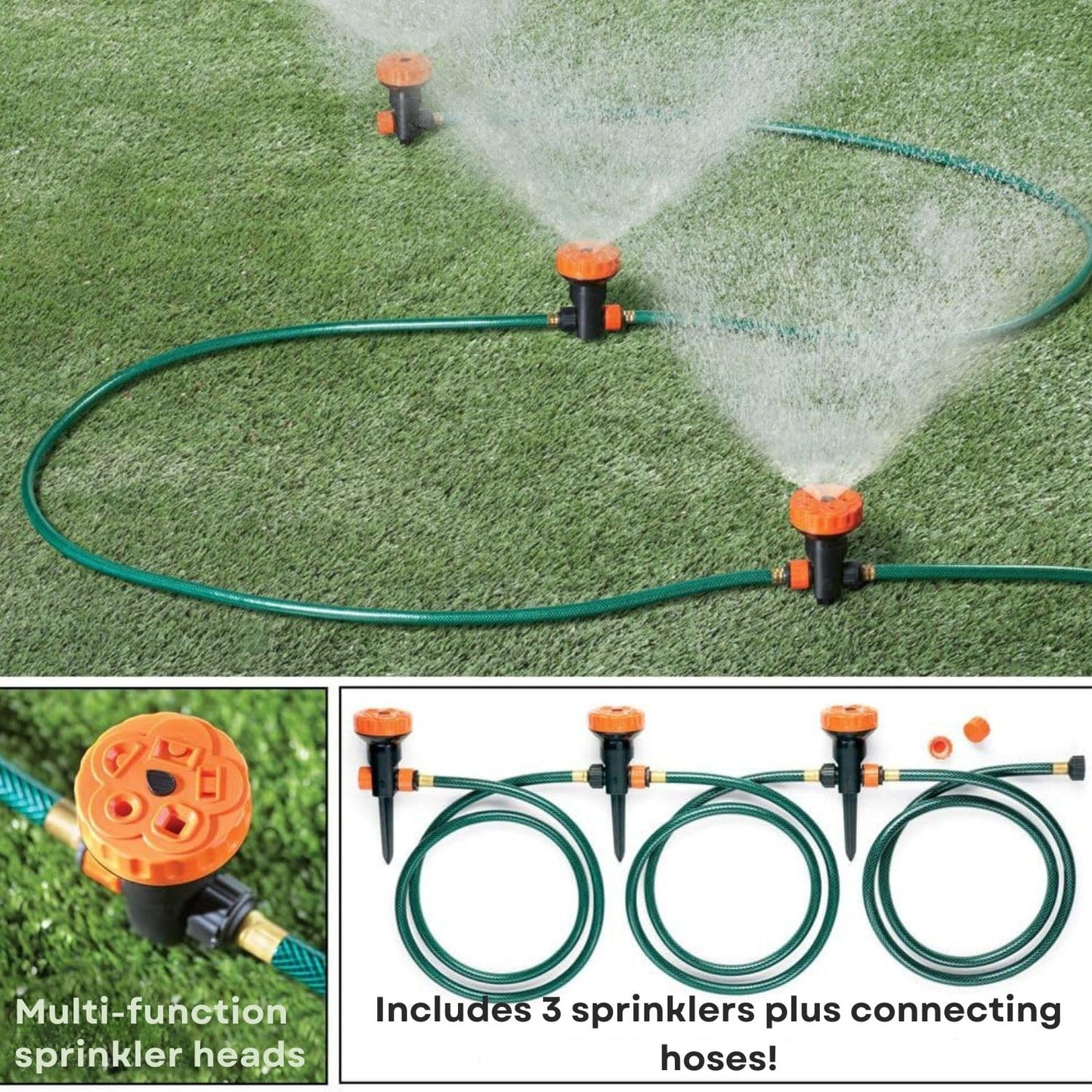 Portable Lawn Sprinkler System with 3 Multi-Function Heads, 5 Spray Settings, and 3 Hoses, 9' Hose Total - Efficient Lawn and Garden Watering Solution