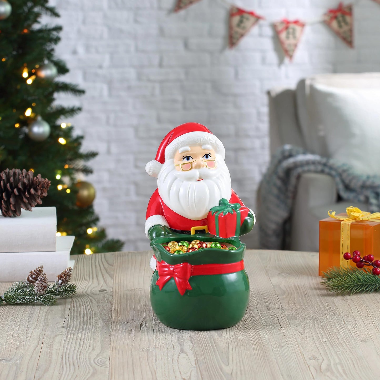 Mr. Christmas Santa, 12 in. Ceramic Musical Bag Candy Bowl
