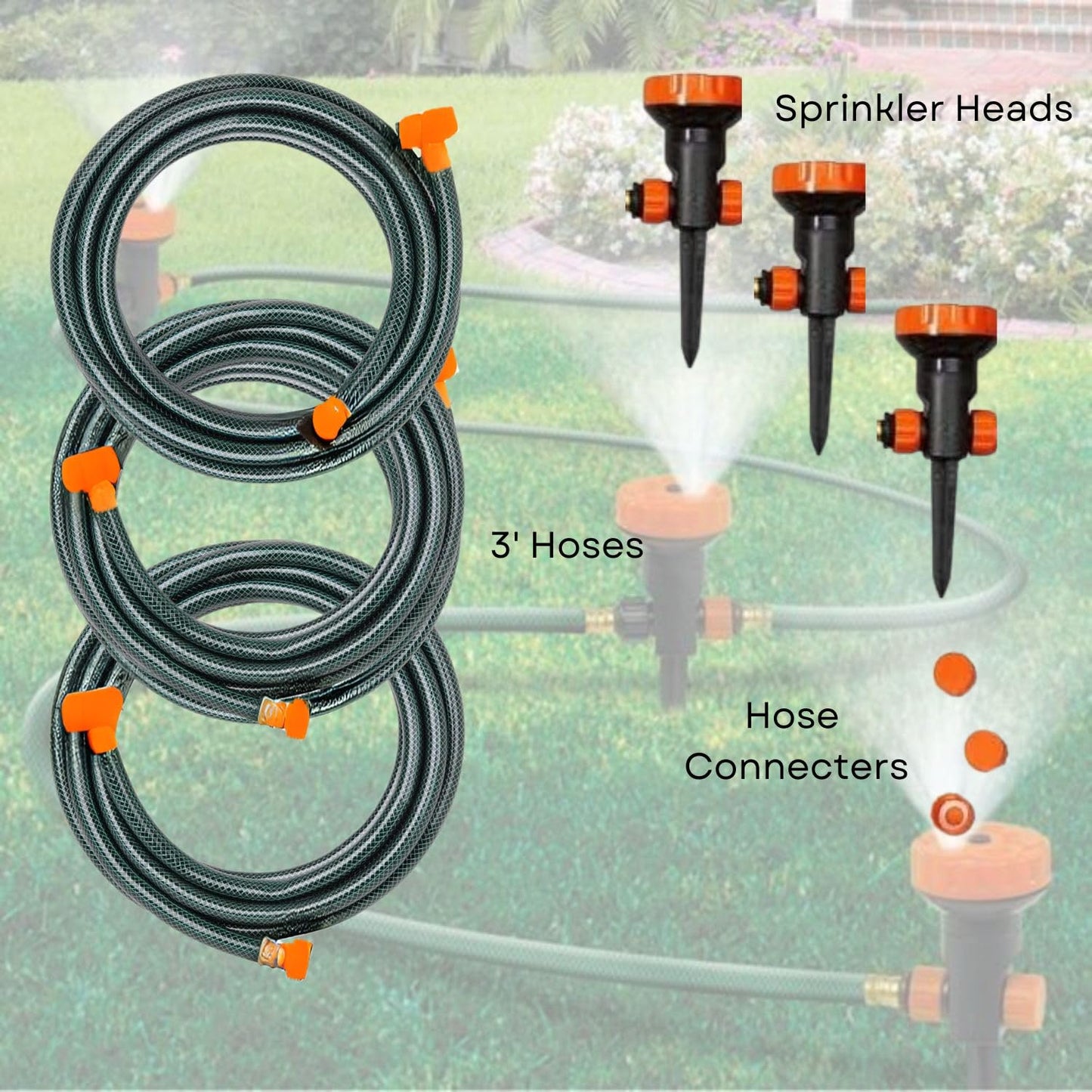 Portable Lawn Sprinkler System with 3 Multi-Function Heads, 5 Spray Settings, and 3 Hoses, 9' Hose Total - Efficient Lawn and Garden Watering Solution