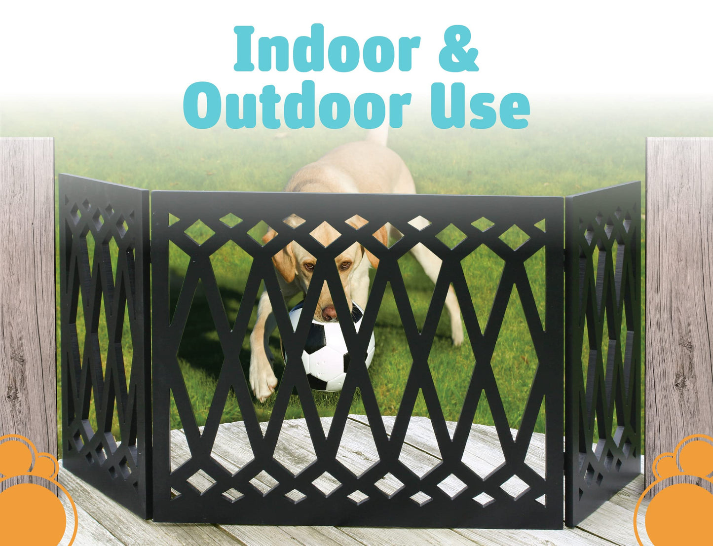 Etna 3-Panel Diamond Design Wood Pet Gate - Decorative Black Tri Fold Dog Fence for Doorways, Stairs - Indoor/Outdoor Pet Barrier - 24-48 Inches Wide x 19 Inches Tall