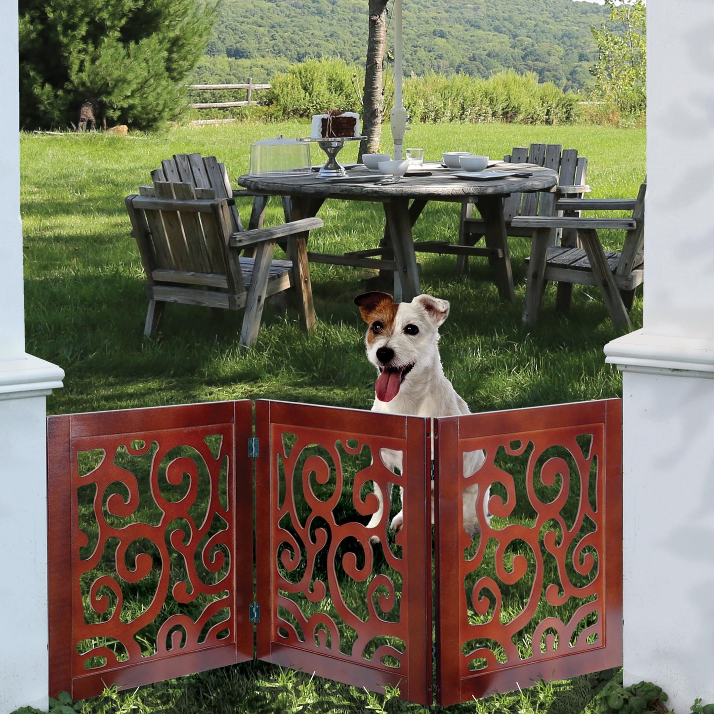 3-Section Adjustable and Scrolled Wooden Pet Gate by Etna