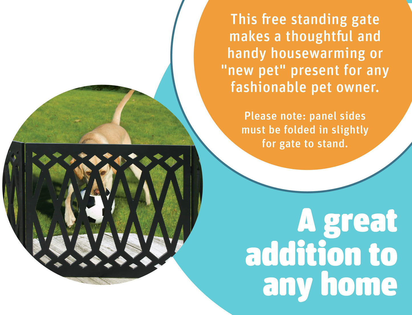 Etna 3-Panel Diamond Design Wood Pet Gate - Decorative Black Tri Fold Dog Fence for Doorways, Stairs - Indoor/Outdoor Pet Barrier - 24-48 Inches Wide x 19 Inches Tall