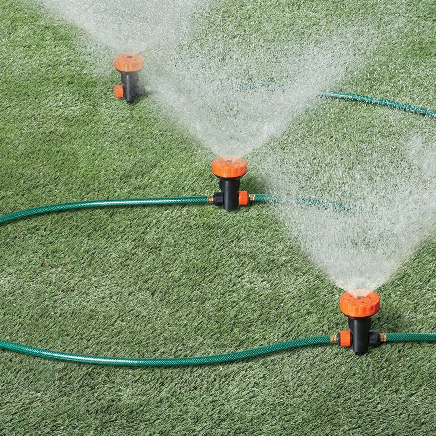 Portable Lawn Sprinkler System with 3 Multi-Function Heads, 5 Spray Settings, and 3 Hoses, 9' Hose Total - Efficient Lawn and Garden Watering Solution