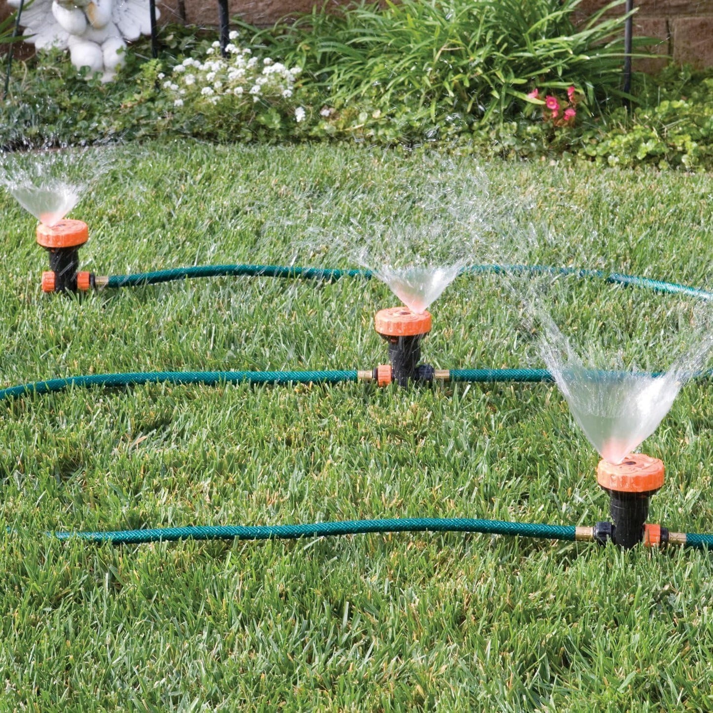Portable Lawn Sprinkler System with 3 Multi-Function Heads, 5 Spray Settings, and 3 Hoses, 9' Hose Total - Efficient Lawn and Garden Watering Solution